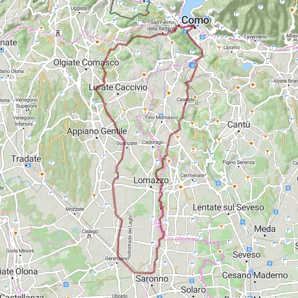 Miniaturní mapa "Gravelová cyklotrasa okolo Coma" inspirace pro cyklisty v oblasti Lombardia, Italy. Vytvořeno pomocí plánovače tras Tarmacs.app