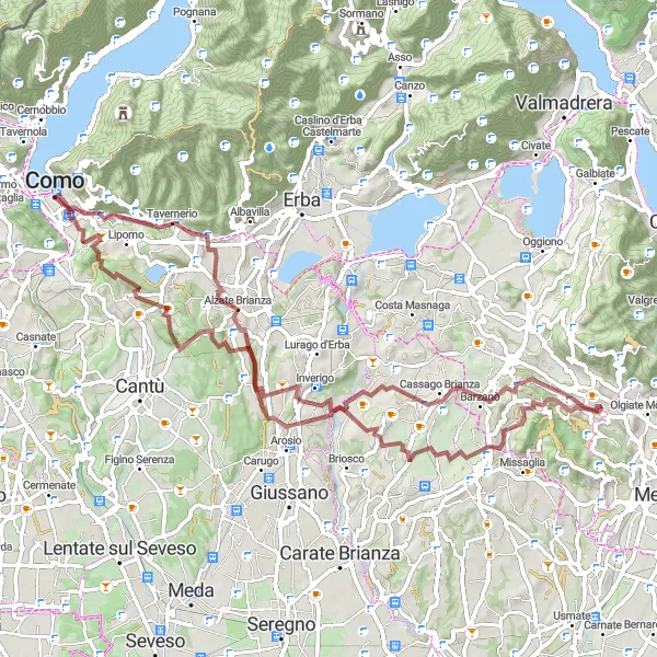 Kartminiatyr av "Lang grusvei tur til Como" sykkelinspirasjon i Lombardia, Italy. Generert av Tarmacs.app sykkelrutoplanlegger