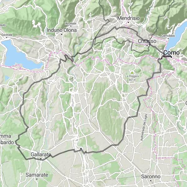 Mapa miniatúra "Okružná cesta na bicykli z Como" cyklistická inšpirácia v Lombardia, Italy. Vygenerované cyklistickým plánovačom trás Tarmacs.app