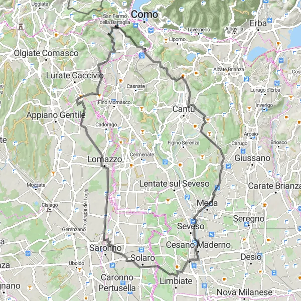Miniatua del mapa de inspiración ciclista "Paseo en bici por San Fermo della Battaglia y Cesano Maderno" en Lombardia, Italy. Generado por Tarmacs.app planificador de rutas ciclistas