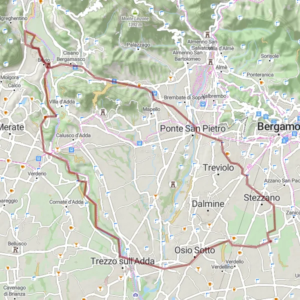 Map miniature of "Challenging Grumello del Piano Gravel Loop" cycling inspiration in Lombardia, Italy. Generated by Tarmacs.app cycling route planner