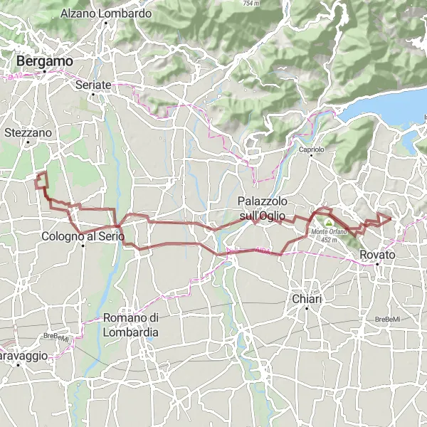 Miniatua del mapa de inspiración ciclista "Ruta de ciclismo en gravilla de Martinengo a Comun Nuovo" en Lombardia, Italy. Generado por Tarmacs.app planificador de rutas ciclistas
