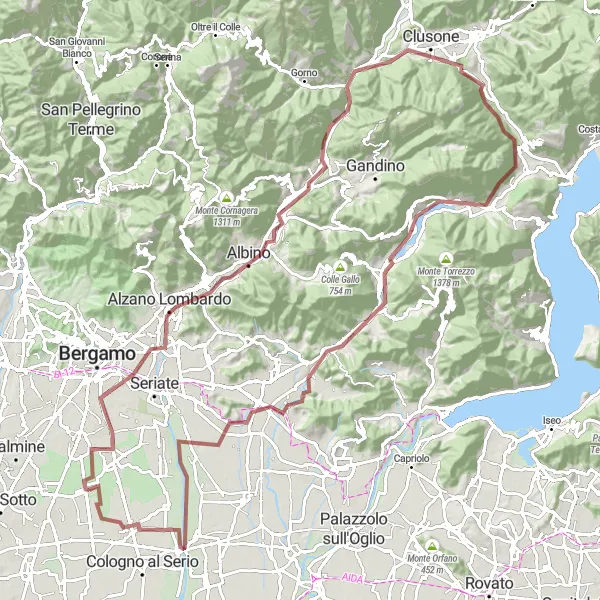 Miniaturní mapa "Gravelová trasa kolem Comun Nuovo" inspirace pro cyklisty v oblasti Lombardia, Italy. Vytvořeno pomocí plánovače tras Tarmacs.app