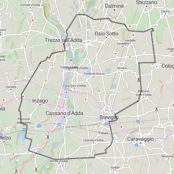 Mapa miniatúra "Okruh cez Brignano Gera d'Adda, Arzago d'Adda, Bellinzago Lombardo a Levate" cyklistická inšpirácia v Lombardia, Italy. Vygenerované cyklistickým plánovačom trás Tarmacs.app