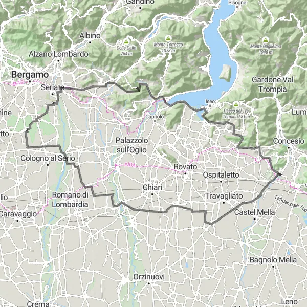 Miniaturní mapa "Cyklotrasa kolem Comun Nuovo" inspirace pro cyklisty v oblasti Lombardia, Italy. Vytvořeno pomocí plánovače tras Tarmacs.app