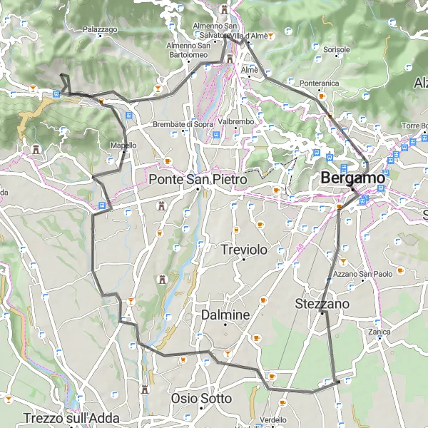Kartminiatyr av "Rundtur fra Comun Nuovo til Bergamo" sykkelinspirasjon i Lombardia, Italy. Generert av Tarmacs.app sykkelrutoplanlegger