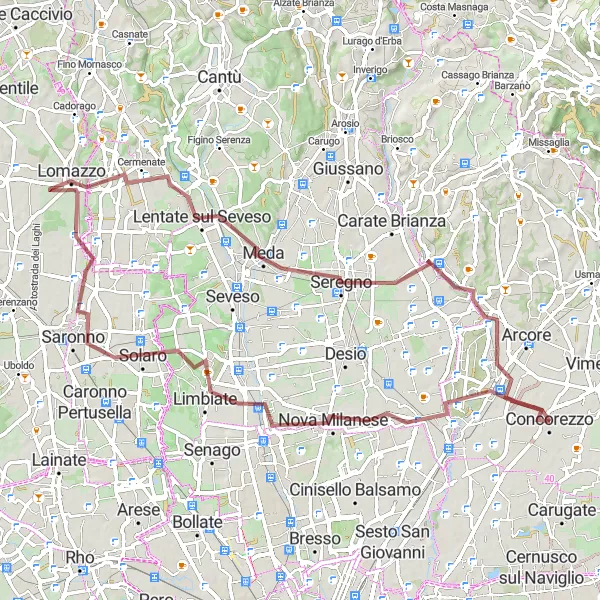 Miniatura della mappa di ispirazione al ciclismo "Giro in bicicletta gravel da Concorezzo a Seregno" nella regione di Lombardia, Italy. Generata da Tarmacs.app, pianificatore di rotte ciclistiche