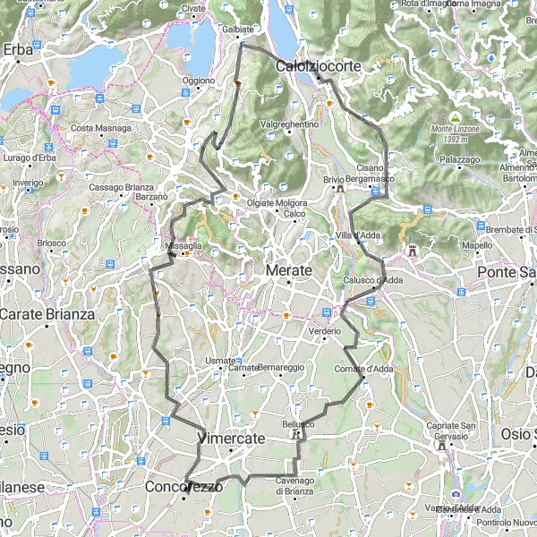 Miniaturní mapa "Náročná trasa kolem Monte Crocione" inspirace pro cyklisty v oblasti Lombardia, Italy. Vytvořeno pomocí plánovače tras Tarmacs.app