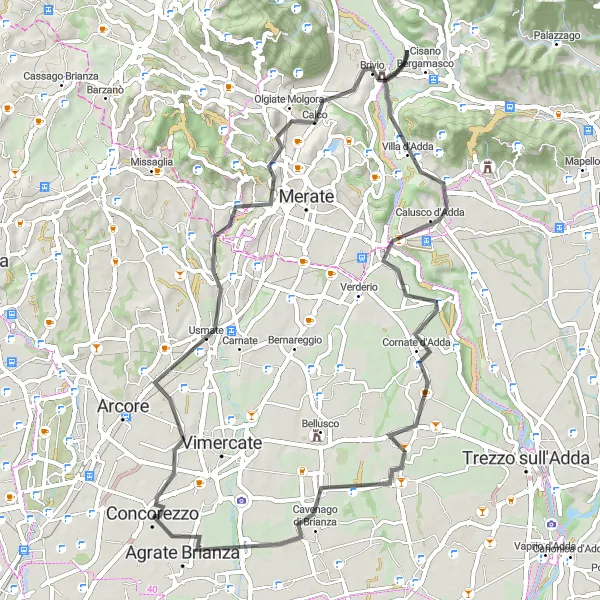 Mapa miniatúra "Cestná trasa do Agrate Brianza cez výhľady na Busnago" cyklistická inšpirácia v Lombardia, Italy. Vygenerované cyklistickým plánovačom trás Tarmacs.app