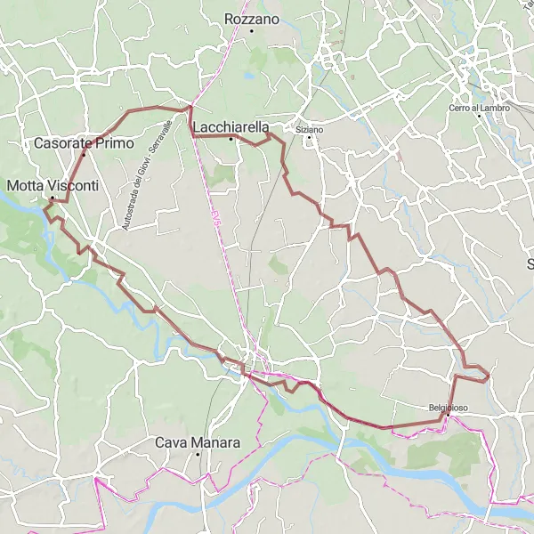 Kartminiatyr av "Belgioioso till Copiano via Pavia och Torre d'Isola" cykelinspiration i Lombardia, Italy. Genererad av Tarmacs.app cykelruttplanerare