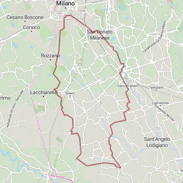 Mapa miniatúra "Gravelový okruh od Copiana (Lardirago - Basiglio - Melegnano)" cyklistická inšpirácia v Lombardia, Italy. Vygenerované cyklistickým plánovačom trás Tarmacs.app