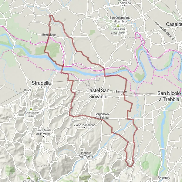 Miniatura della mappa di ispirazione al ciclismo "Gravel in Val Tidone" nella regione di Lombardia, Italy. Generata da Tarmacs.app, pianificatore di rotte ciclistiche