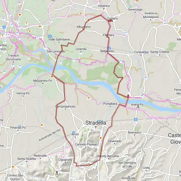 Miniatua del mapa de inspiración ciclista "Ruta de ciclismo de grava alrededor de Copiano" en Lombardia, Italy. Generado por Tarmacs.app planificador de rutas ciclistas