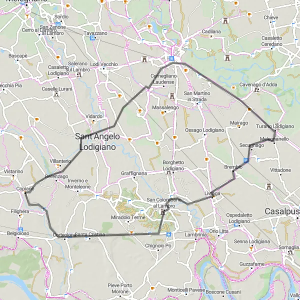 Mapa miniatúra "Cyklistický okruh blízko Copiana (Vidardo - Lodi - Corteolona)" cyklistická inšpirácia v Lombardia, Italy. Vygenerované cyklistickým plánovačom trás Tarmacs.app