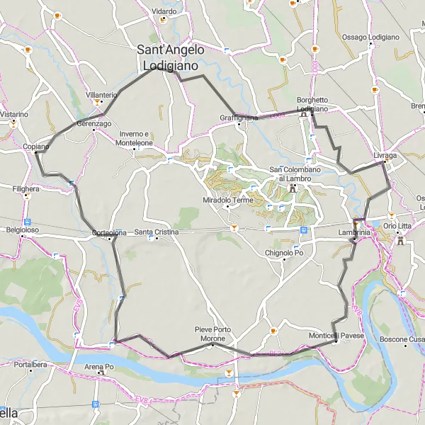 Miniatuurkaart van de fietsinspiratie "Roadtrip van Copiano naar Graffignana en Genzone" in Lombardia, Italy. Gemaakt door de Tarmacs.app fietsrouteplanner