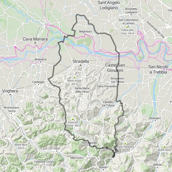 Miniaturní mapa "Road Route to Borgonovo Val Tidone" inspirace pro cyklisty v oblasti Lombardia, Italy. Vytvořeno pomocí plánovače tras Tarmacs.app