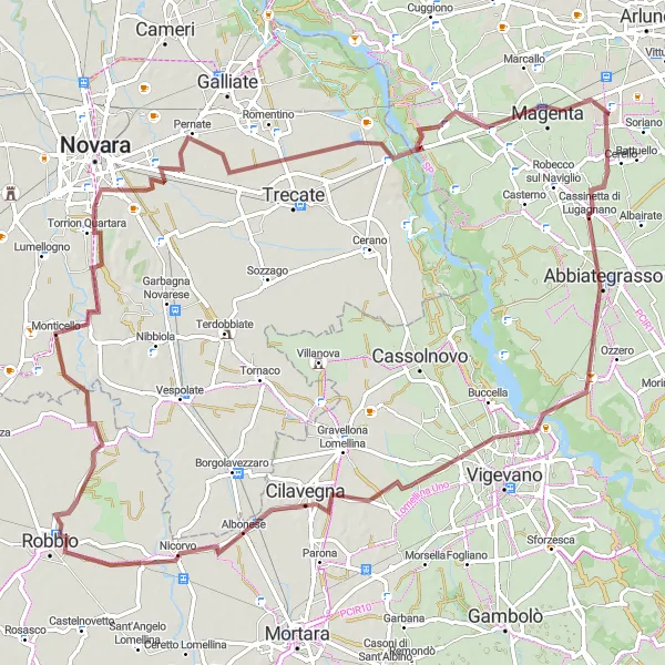 Map miniature of "Natural Trails from Corbetta to Robbio" cycling inspiration in Lombardia, Italy. Generated by Tarmacs.app cycling route planner