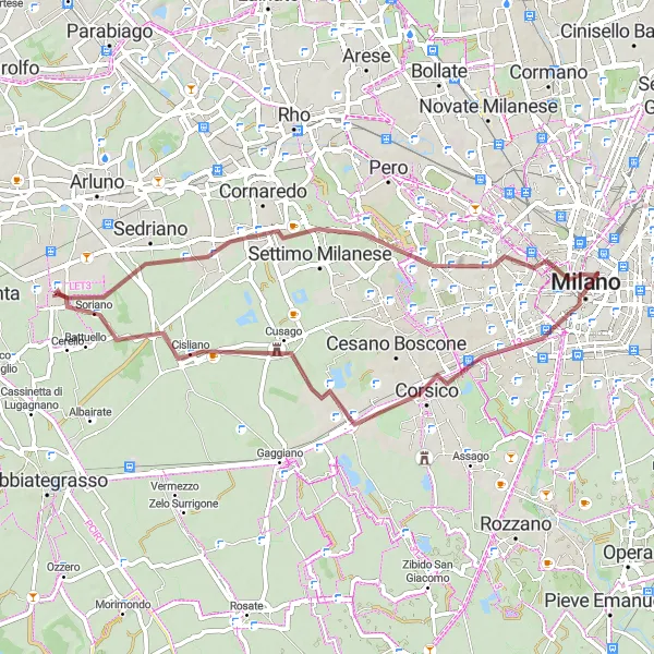 Kartminiatyr av "Grusväg till Milano" cykelinspiration i Lombardia, Italy. Genererad av Tarmacs.app cykelruttplanerare
