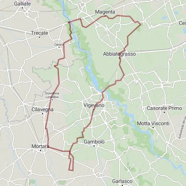 Kartminiatyr av "Grusveitrafikk til Vigevano" sykkelinspirasjon i Lombardia, Italy. Generert av Tarmacs.app sykkelrutoplanlegger