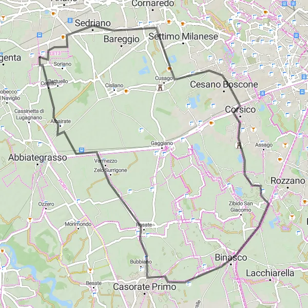 Miniatua del mapa de inspiración ciclista "Ruta por Carretera a Binasco" en Lombardia, Italy. Generado por Tarmacs.app planificador de rutas ciclistas