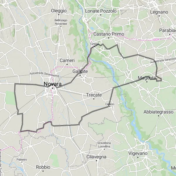 Map miniature of "Historical Route from Corbetta to Novara" cycling inspiration in Lombardia, Italy. Generated by Tarmacs.app cycling route planner