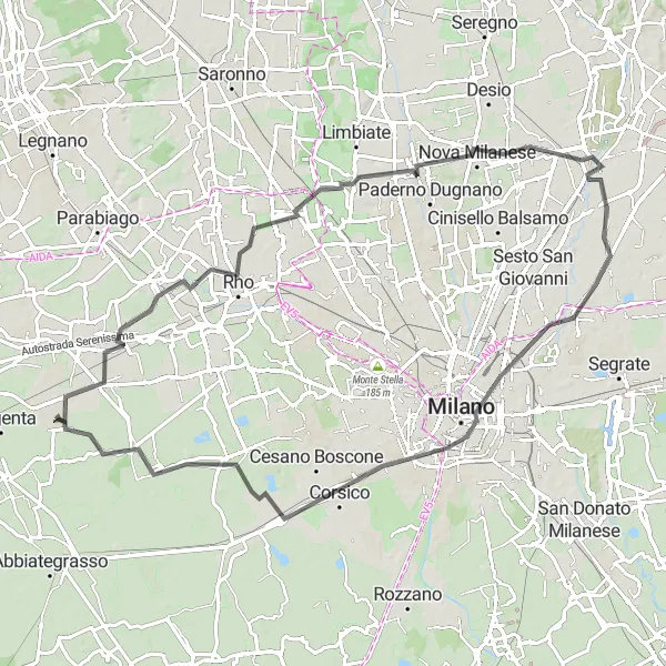 Map miniature of "Corbetta - Vittuone - Senago - Monza - Cologno Monzese - Rooftop of Galleria Vittorio Emanuele II - Buccinasco - Corbetta" cycling inspiration in Lombardia, Italy. Generated by Tarmacs.app cycling route planner