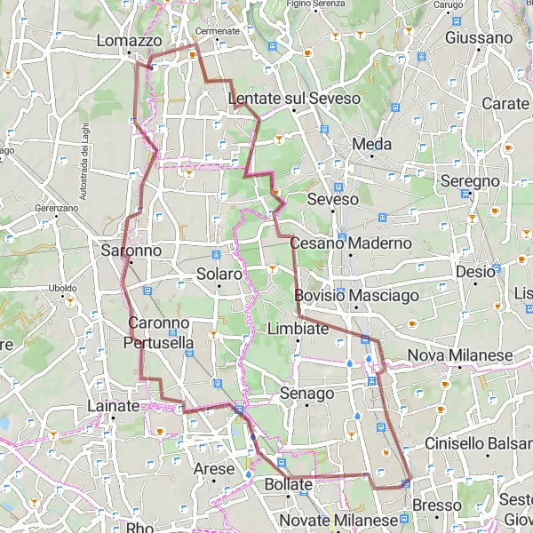 Miniatua del mapa de inspiración ciclista "Ruta Fiat-Aeritalia F-104S ASA - Caronno Pertusella - Rovellasca - Lazzate - Limbiate - Incirano" en Lombardia, Italy. Generado por Tarmacs.app planificador de rutas ciclistas