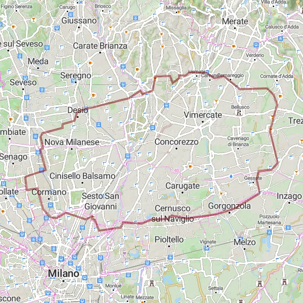 Mapa miniatúra "Gravel cyklotrasa cez Biassono a Cassina de' Pecchi" cyklistická inšpirácia v Lombardia, Italy. Vygenerované cyklistickým plánovačom trás Tarmacs.app