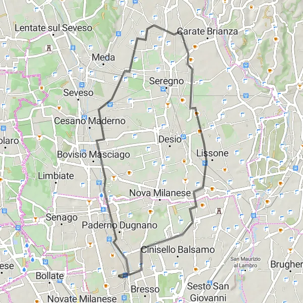Map miniature of "Cesano Maderno and Beyond" cycling inspiration in Lombardia, Italy. Generated by Tarmacs.app cycling route planner