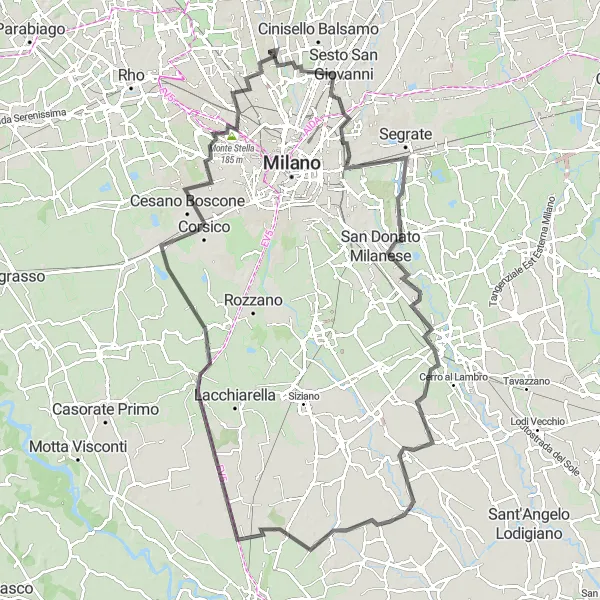 Miniatua del mapa de inspiración ciclista "Ruta por carretera hacia Marzano y Casarile" en Lombardia, Italy. Generado por Tarmacs.app planificador de rutas ciclistas