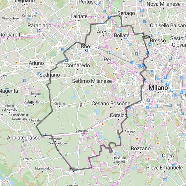 Miniatua del mapa de inspiración ciclista "Recorrido panorámico a Noviglio y Sedriano" en Lombardia, Italy. Generado por Tarmacs.app planificador de rutas ciclistas