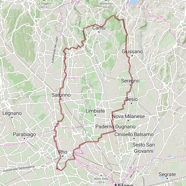 Kartminiatyr av "Landsbyliv og naturopplevelser på grusvei" sykkelinspirasjon i Lombardia, Italy. Generert av Tarmacs.app sykkelrutoplanlegger