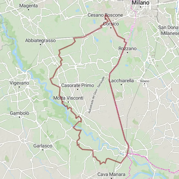 Miniatuurkaart van de fietsinspiratie "Ontdek Rozzano, Casarile, Pavia en Trezzano sul Naviglio per gravelbike" in Lombardia, Italy. Gemaakt door de Tarmacs.app fietsrouteplanner