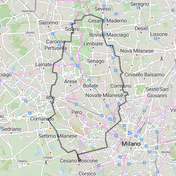 Miniatua del mapa de inspiración ciclista "Ruta de Ciclismo de 63 km en Carretera desde Corsico" en Lombardia, Italy. Generado por Tarmacs.app planificador de rutas ciclistas