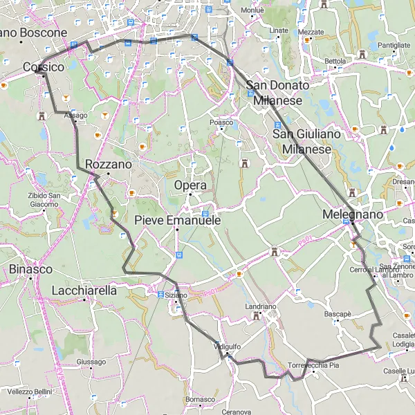 Mapa miniatúra "Okruhová cyklistická trasa od Corsico: San Giuliano Milanese, Cerro al Lambro, Basiglio, Assago" cyklistická inšpirácia v Lombardia, Italy. Vygenerované cyklistickým plánovačom trás Tarmacs.app