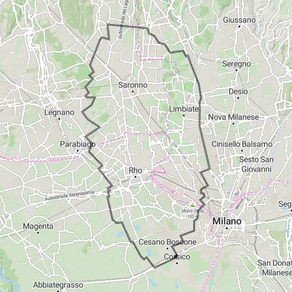 Map miniature of "Bareggio to Cesano Boscone" cycling inspiration in Lombardia, Italy. Generated by Tarmacs.app cycling route planner