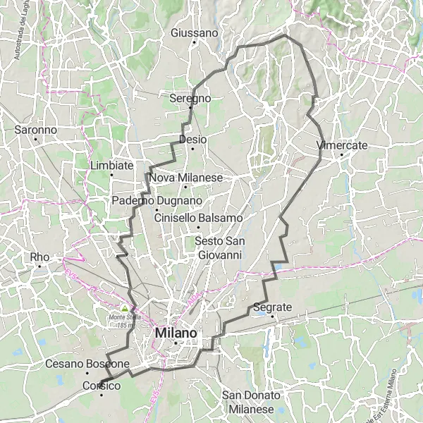 Kartminiatyr av "Utmanande terräng från Corsico till Besana in Brianza" cykelinspiration i Lombardia, Italy. Genererad av Tarmacs.app cykelruttplanerare