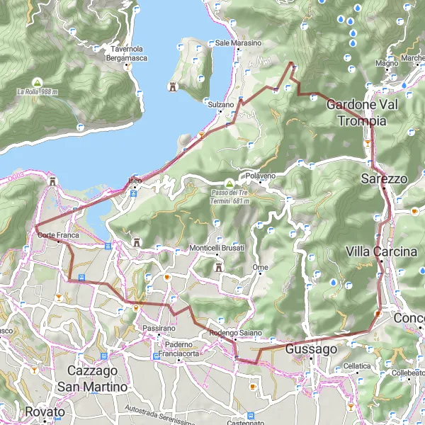 Kartminiatyr av "Grusvei eventyr rundt Corte Franca" sykkelinspirasjon i Lombardia, Italy. Generert av Tarmacs.app sykkelrutoplanlegger