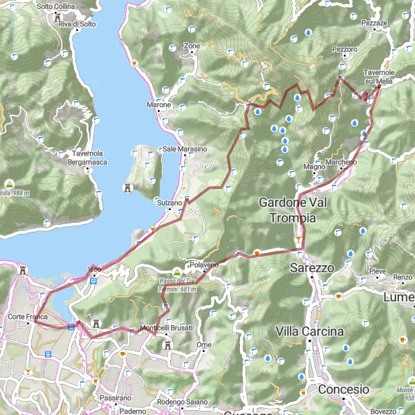 Miniatua del mapa de inspiración ciclista "Ruta de Grava alrededor de Corte Franca" en Lombardia, Italy. Generado por Tarmacs.app planificador de rutas ciclistas