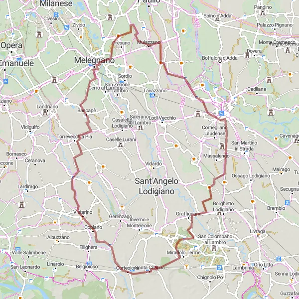 Miniatura della mappa di ispirazione al ciclismo "Tour in Gravel intorno a Corteolona" nella regione di Lombardia, Italy. Generata da Tarmacs.app, pianificatore di rotte ciclistiche