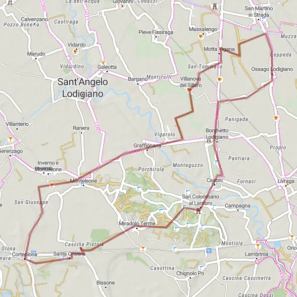 Miniatura della mappa di ispirazione al ciclismo "Giro in Gravel tra Corteolona e Miradolo Terme" nella regione di Lombardia, Italy. Generata da Tarmacs.app, pianificatore di rotte ciclistiche