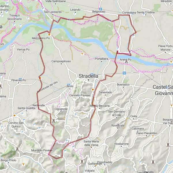 Map miniature of "Costa de' Nobili to Monte Castello and Belgioioso" cycling inspiration in Lombardia, Italy. Generated by Tarmacs.app cycling route planner