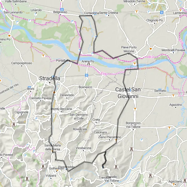 Map miniature of "Ziano Piacentino to Santa Maria della Versa and Stradella" cycling inspiration in Lombardia, Italy. Generated by Tarmacs.app cycling route planner