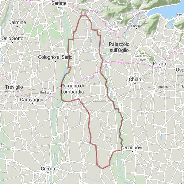 Karttaminiaatyyri "Kiertomatka Costa di Mezzate - Gravel Fillarointiseikkailu" pyöräilyinspiraatiosta alueella Lombardia, Italy. Luotu Tarmacs.app pyöräilyreittisuunnittelijalla