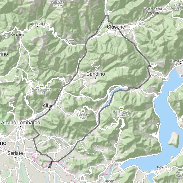 Mapa miniatúra "Výlet cez Albino a Borgo di Terzo" cyklistická inšpirácia v Lombardia, Italy. Vygenerované cyklistickým plánovačom trás Tarmacs.app