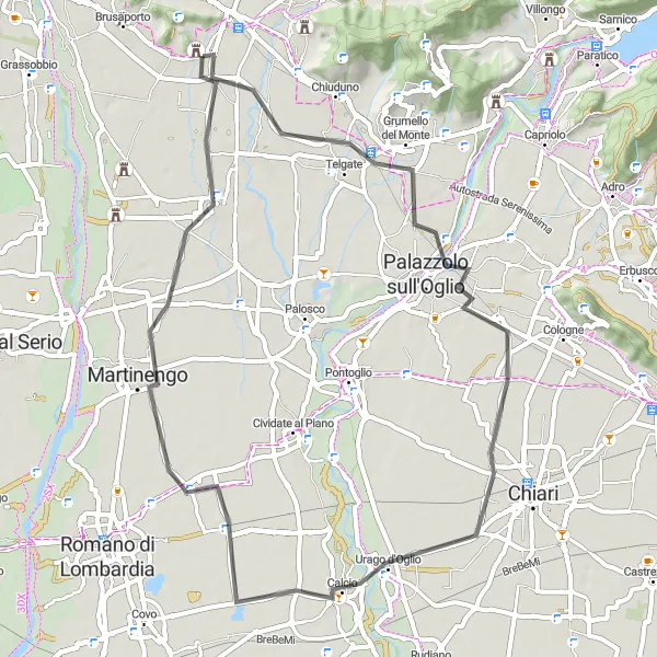 Miniature de la carte de l'inspiration cycliste "Aventure cycliste autour de Costa di Mezzate" dans la Lombardia, Italy. Générée par le planificateur d'itinéraire cycliste Tarmacs.app