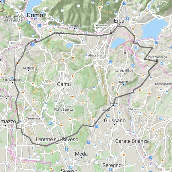 Map miniature of "Mariano Comense and Montorfano Road Ride" cycling inspiration in Lombardia, Italy. Generated by Tarmacs.app cycling route planner