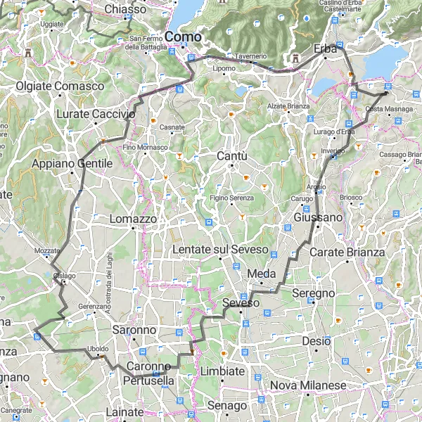 Mapa miniatúra "Cyklistická trasa cez Inverigo a Merone" cyklistická inšpirácia v Lombardia, Italy. Vygenerované cyklistickým plánovačom trás Tarmacs.app