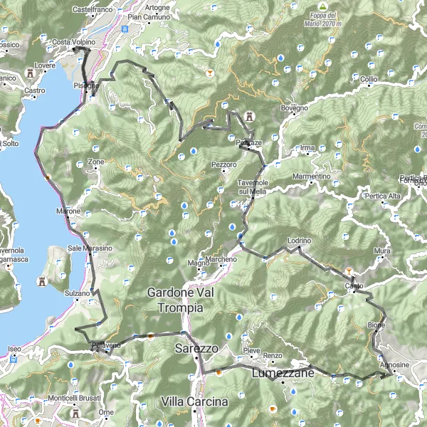 Miniatura della mappa di ispirazione al ciclismo "Avventura Estrema da Costa Volpino" nella regione di Lombardia, Italy. Generata da Tarmacs.app, pianificatore di rotte ciclistiche