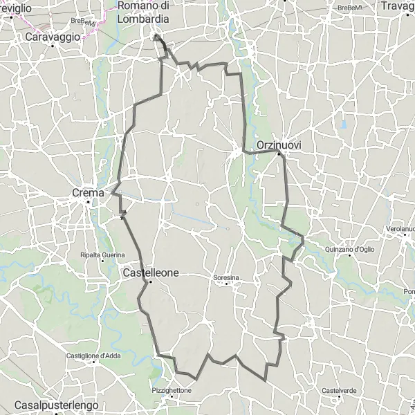 Miniatura della mappa di ispirazione al ciclismo "Covo - Ricengo - Covo" nella regione di Lombardia, Italy. Generata da Tarmacs.app, pianificatore di rotte ciclistiche